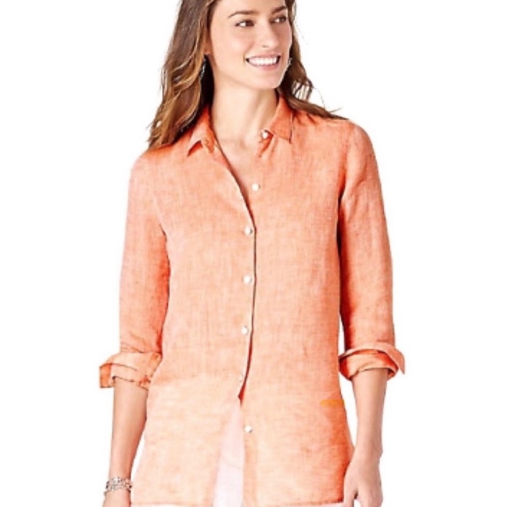 J. Jill Love Linen Button Down Shirt in Peach, size M